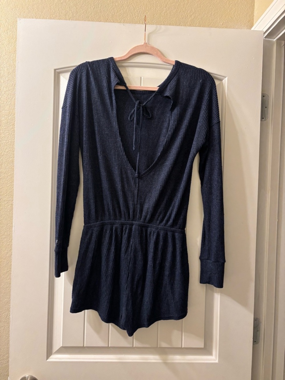 Gilly Hicks Navy Ribbed Long Sleeve Romper with Tie Detail